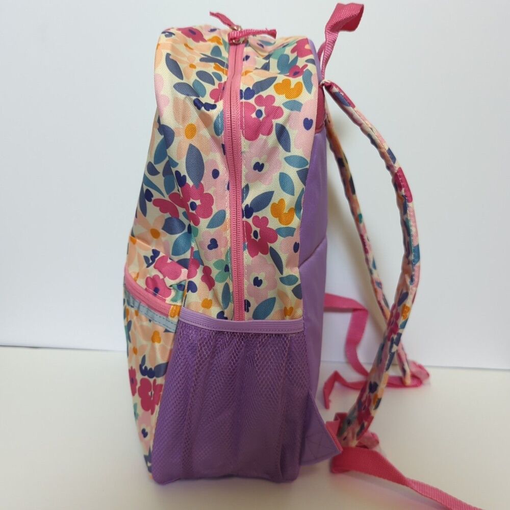 Purple Floral Backpack w Laptop Pocket Reflective Strips - Picture 2 of 7